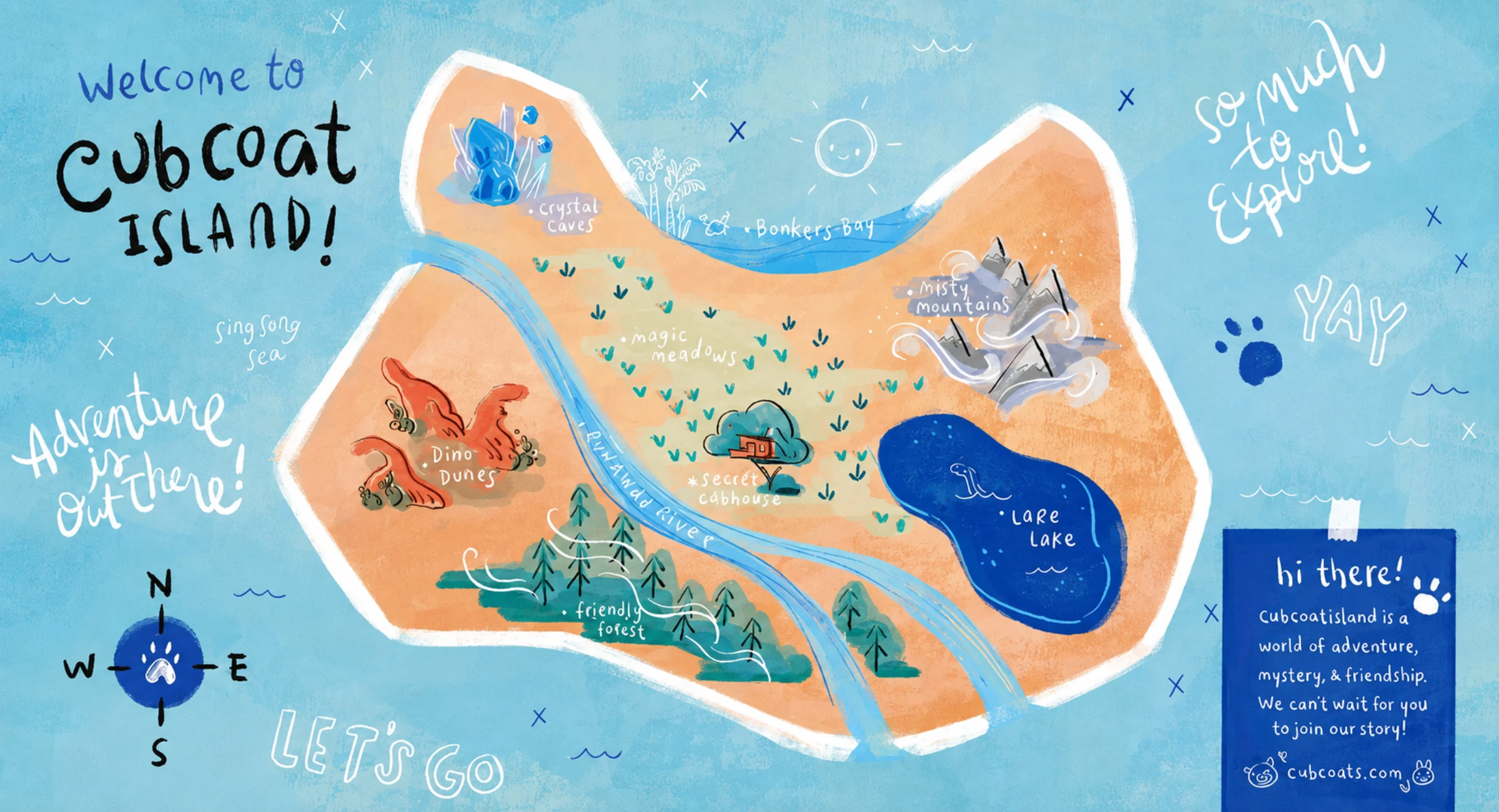 Illustrated map of Cubcoat Island showing Crystal Caves, Magic Meadows, Misty Mountains, Dino Dunes, Lore Lake and the Secret Cubhouse